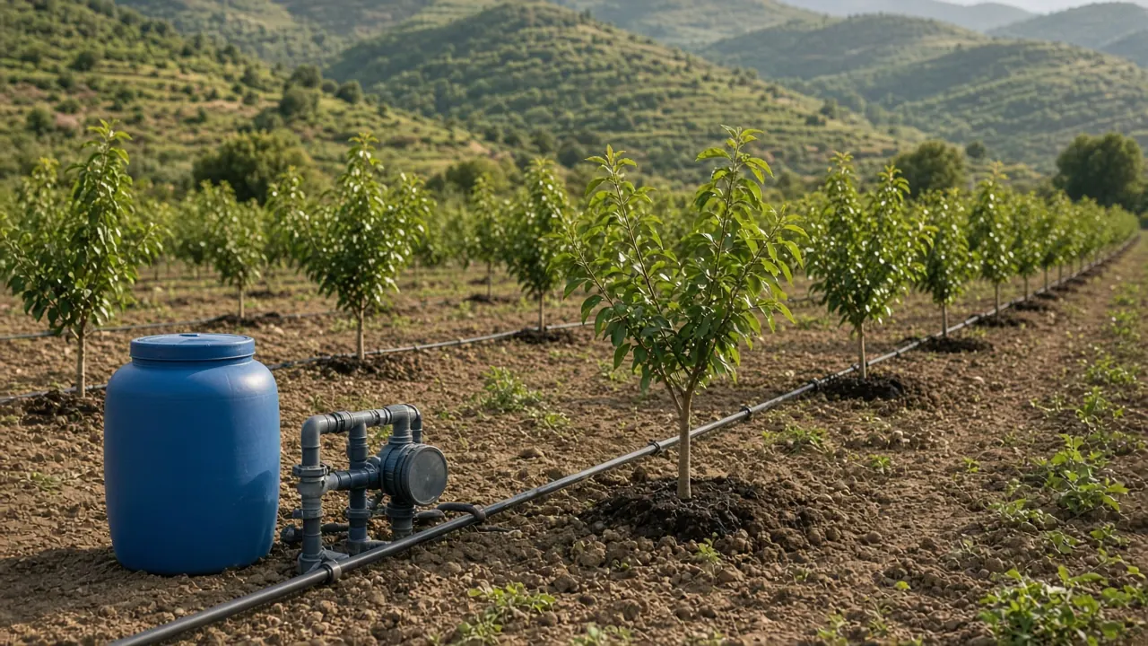 Meyve bahçesinde damla sulama hattı ve gübre tankıyla fertigasyon uygulaması