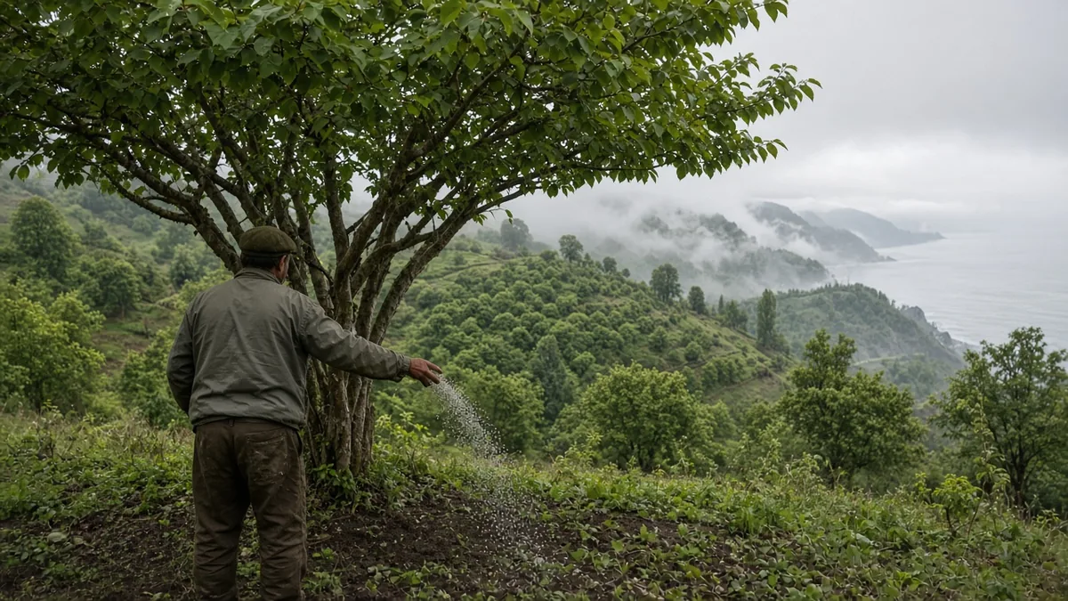 Trabzon'da sisli tepelere ve denize bakan eğimli fındık bahçesinde ocakların taç izdüşümüne granül gübre serpen çiftçi
