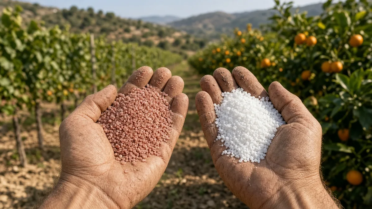 Bir çiftçinin avuçlarında yan yana pembe granül potasyum klorür ve beyaz kristal potasyum sülfat gübresi, arkada bağ ve narenciye ağaçları