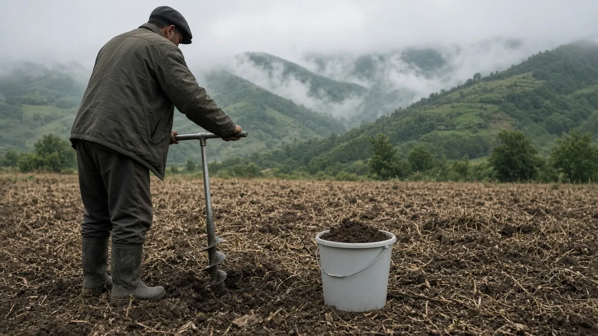 Karadeniz'de sisli tepelerin önünde hasat sonrası tarlada toprak burgusuyla numune alan çiftçi ve yanında toprak örnekleriyle dolu plastik kova