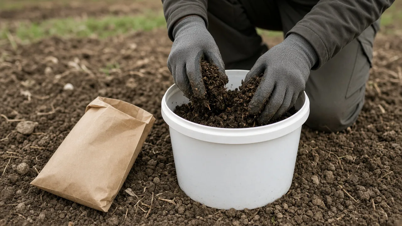 Plastik kovada karıştırılan alt numuneler ve yanında boş numune torbası